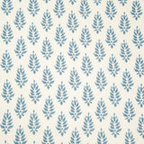 Detail of wallpaper in a repeating leaf pattern in blue on a cream field.