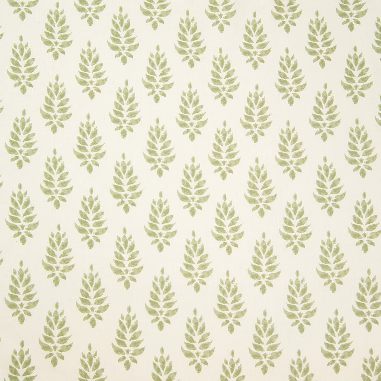 Detail of wallpaper in a repeating leaf pattern in light green on a cream field.