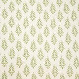 Detail of wallpaper in a repeating leaf pattern in light green on a cream field.