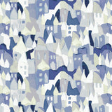 Detail of wallpaper in a playful house print in shades of blue, navy, yellow and cream.