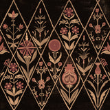 Detail of wallpaper in a floral and diamond lattice print in shades of pink and tan on a black field.