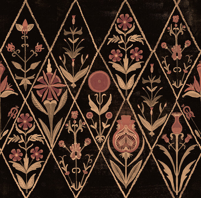 Detail of wallpaper in a floral and diamond lattice print in shades of pink and tan on a black field.