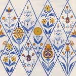 Detail of wallpaper in a floral and diamond lattice print in shades of blue and gold on a white field.