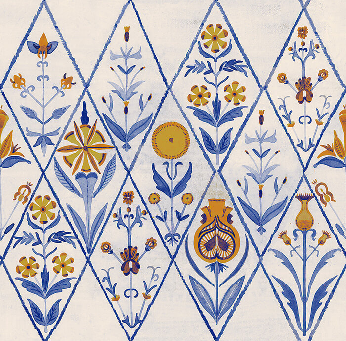 Detail of wallpaper in a floral and diamond lattice print in shades of blue and gold on a white field.
