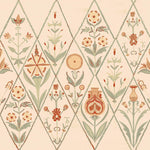 Detail of wallpaper in a floral and diamond lattice print in shades of green and orange on a cream field.