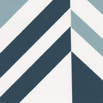 Detail of wallpaper in an irregular chevron stripe in navy and blue on a white field.