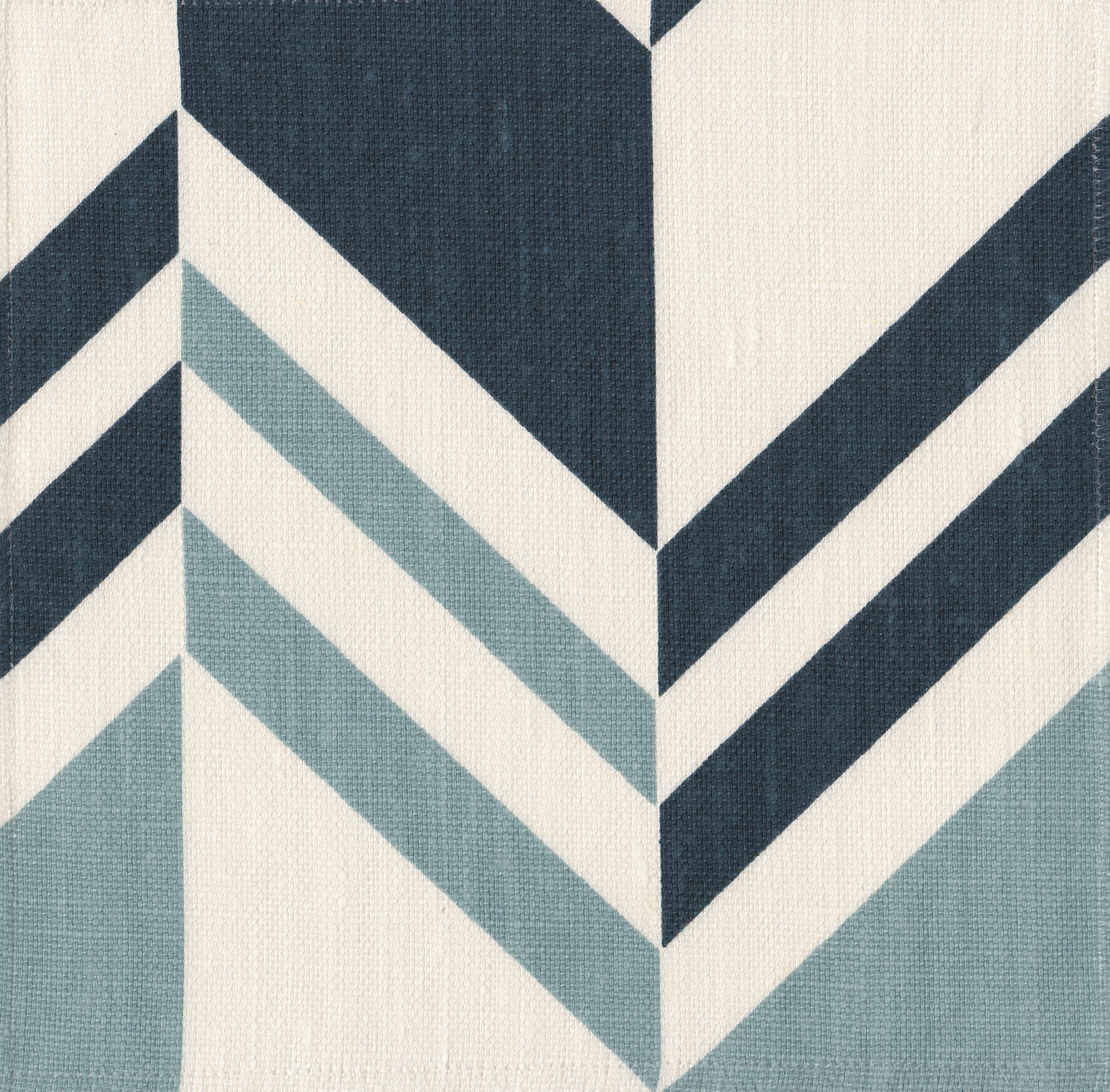 Detail of fabric in an irregular chevron stripe in navy and blue on a white field.