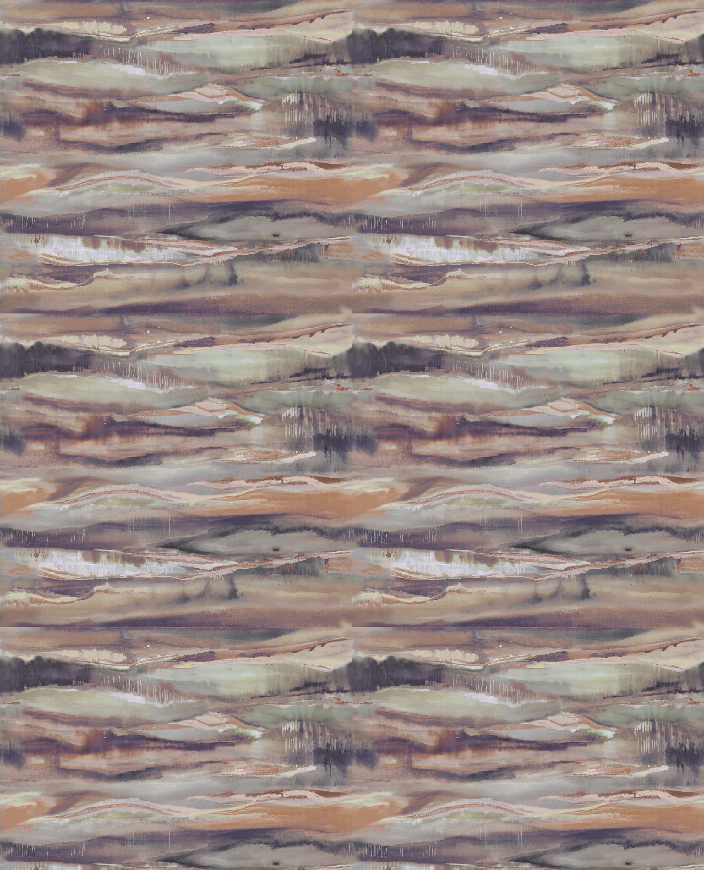 Detail of fabric in an abstract painterly print in shades of tan, mauve and gray.