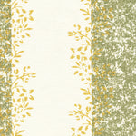 Detail of fabric in a botanical stripe print in shades of green and yellow on a cream field.