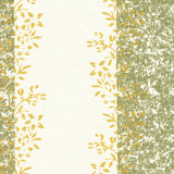 Detail of fabric in a botanical stripe print in shades of green and yellow on a cream field.