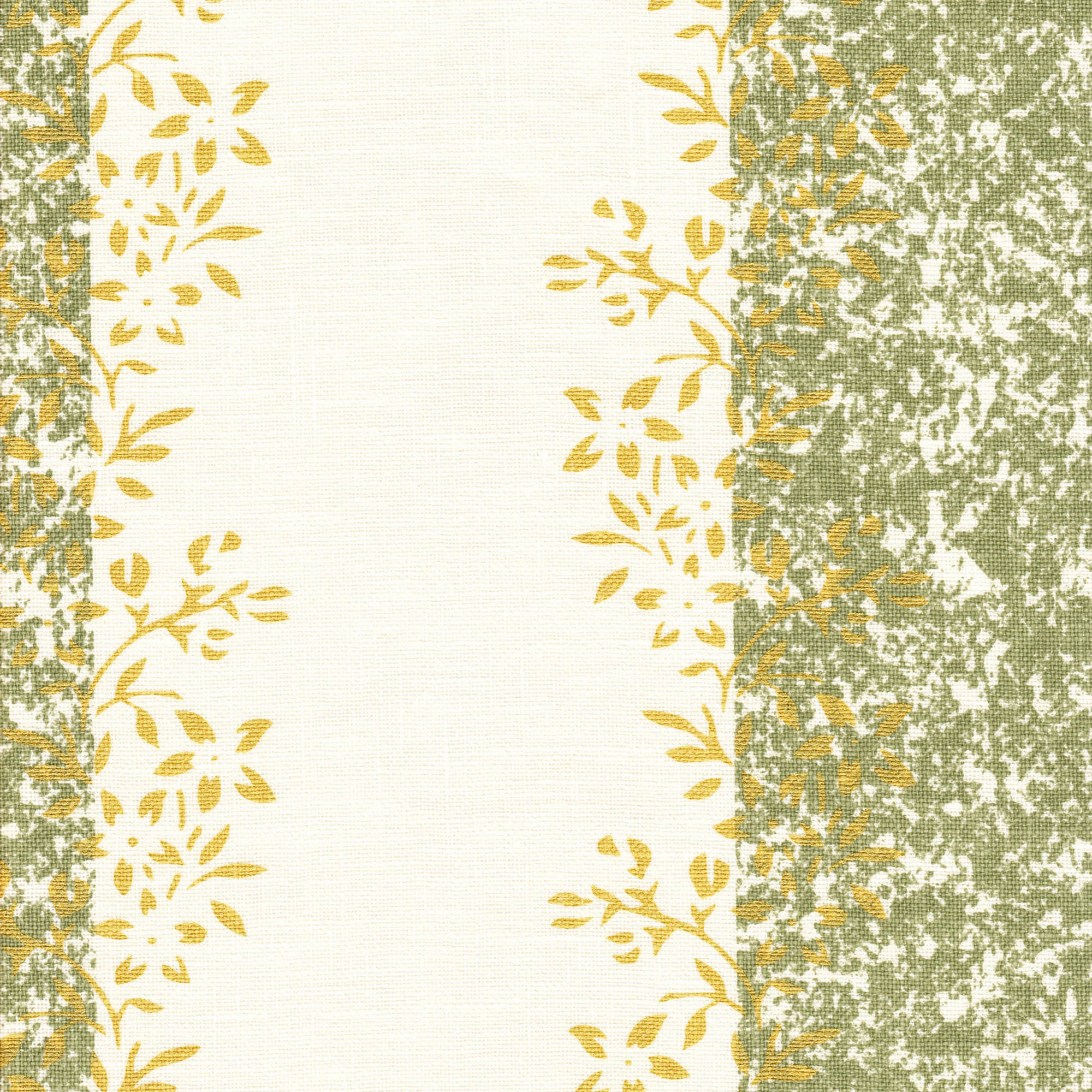 Detail of fabric in a botanical stripe print in shades of green and yellow on a cream field.