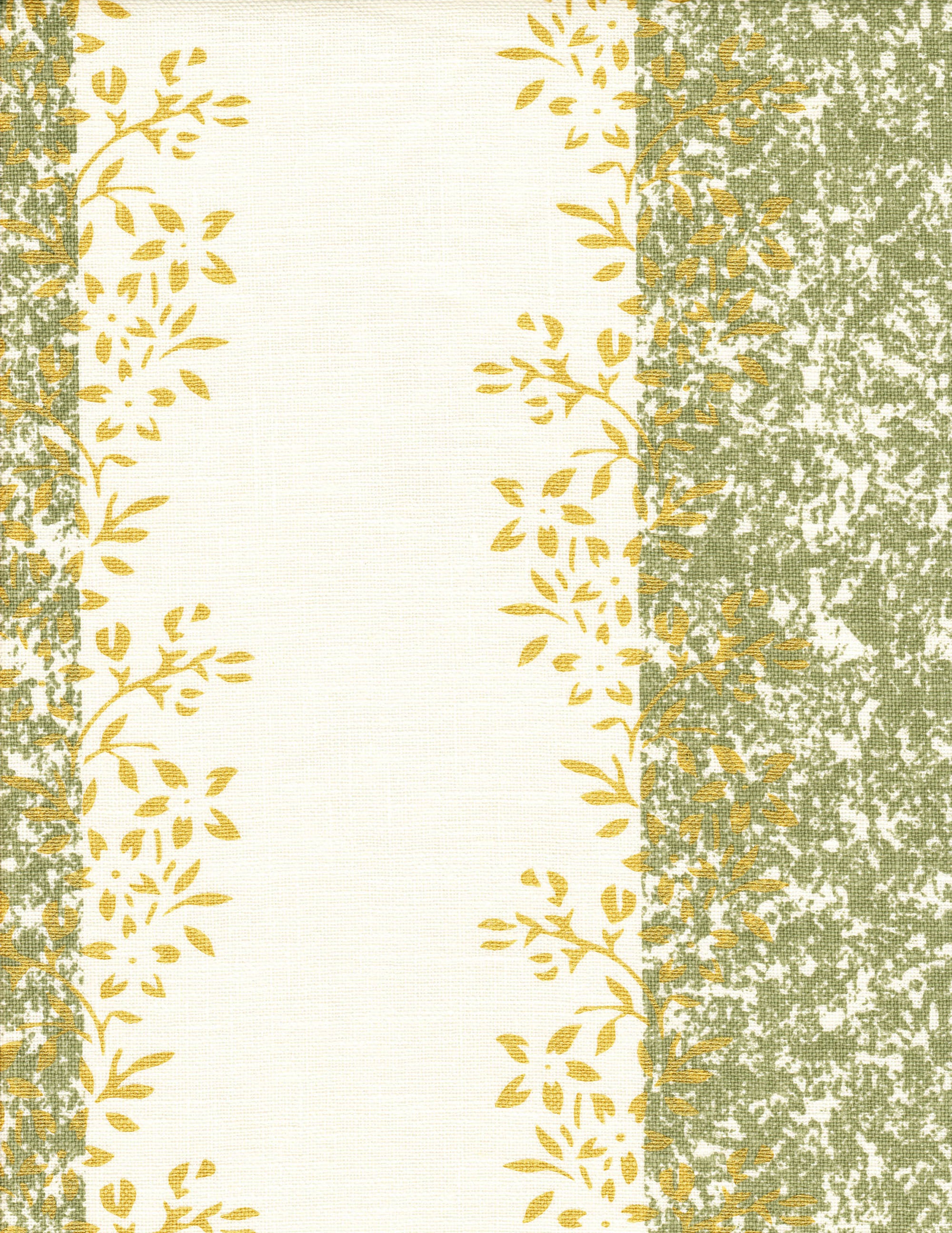 Detail of fabric in a botanical stripe print in shades of green and yellow on a cream field.