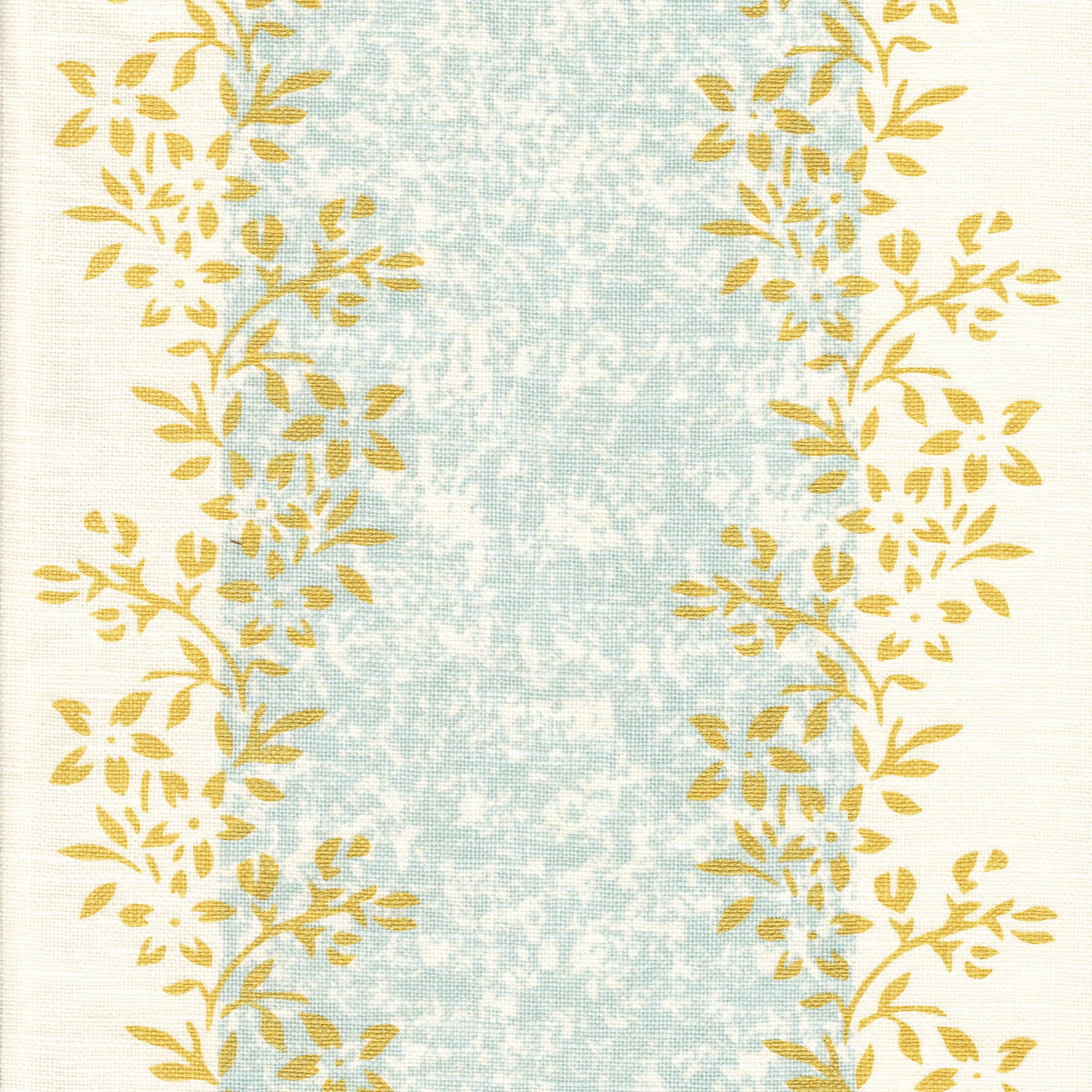 Detail of fabric in a botanical stripe print in shades of blue and yellow on a cream field.