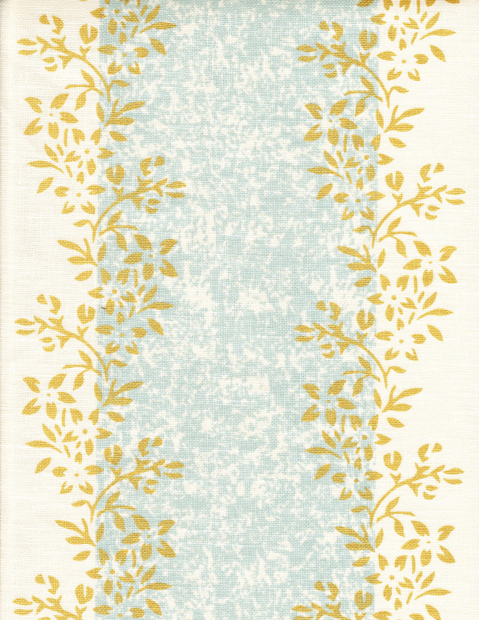 Detail of fabric in a botanical stripe print in shades of blue and yellow on a cream field.