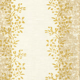 Detail of fabric in a botanical stripe print in shades of tan and yellow on a cream field.