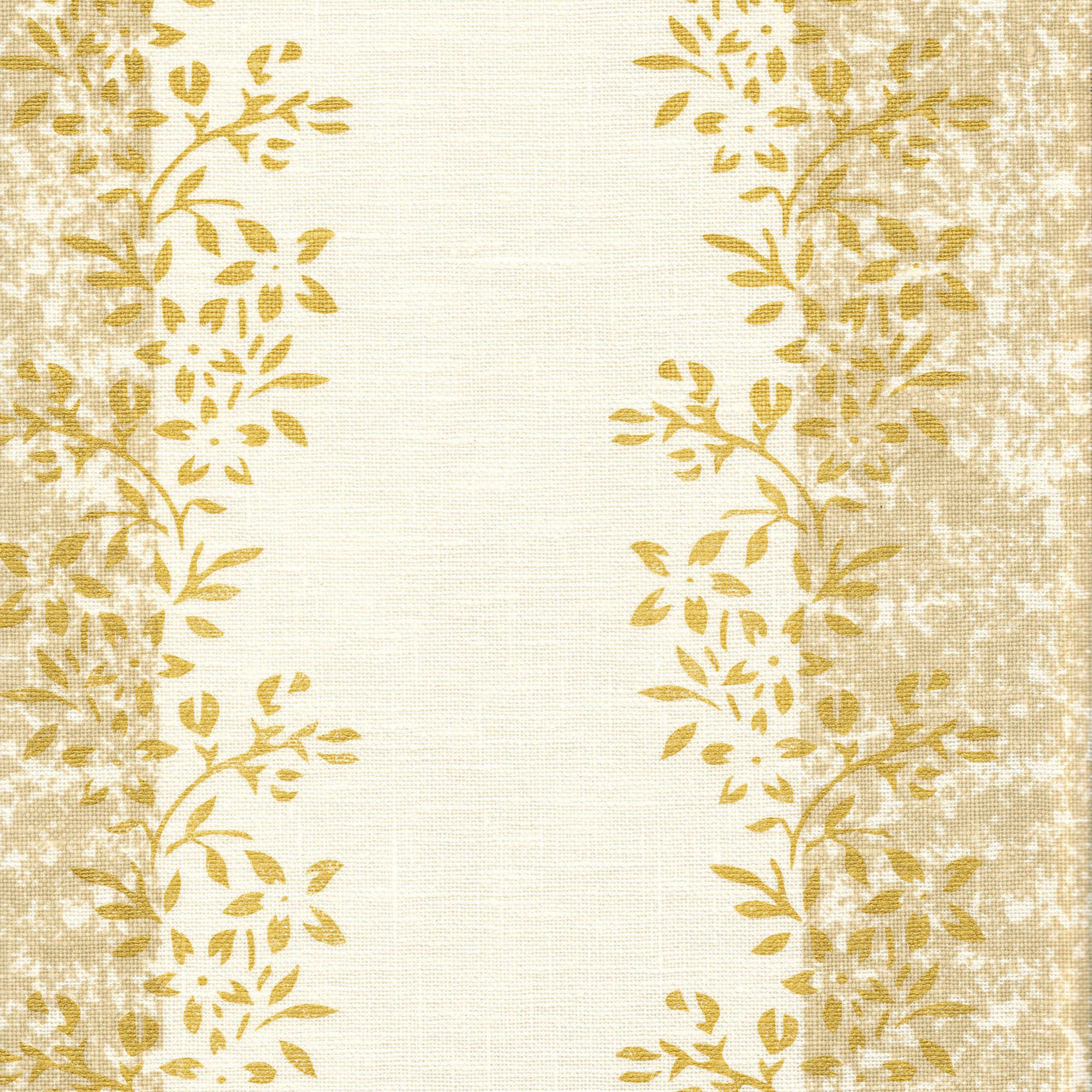 Detail of fabric in a botanical stripe print in shades of tan and yellow on a cream field.