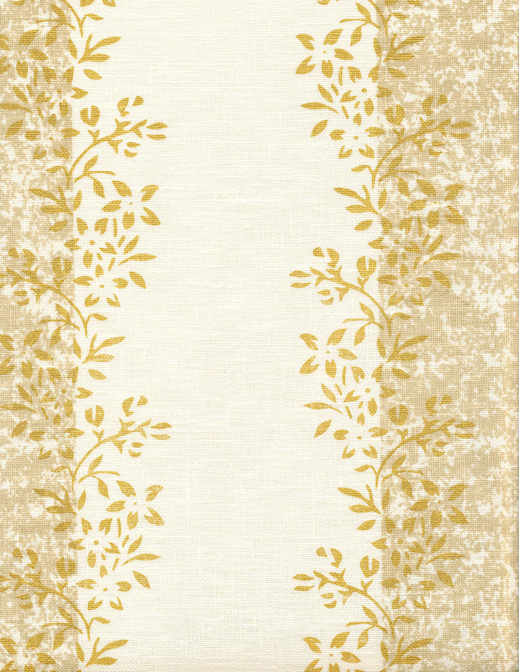 Detail of fabric in a botanical stripe print in shades of tan and yellow on a cream field.