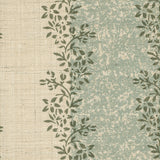 Detail of fabric in a botanical stripe print in shades of blue and dark green on a cream field.