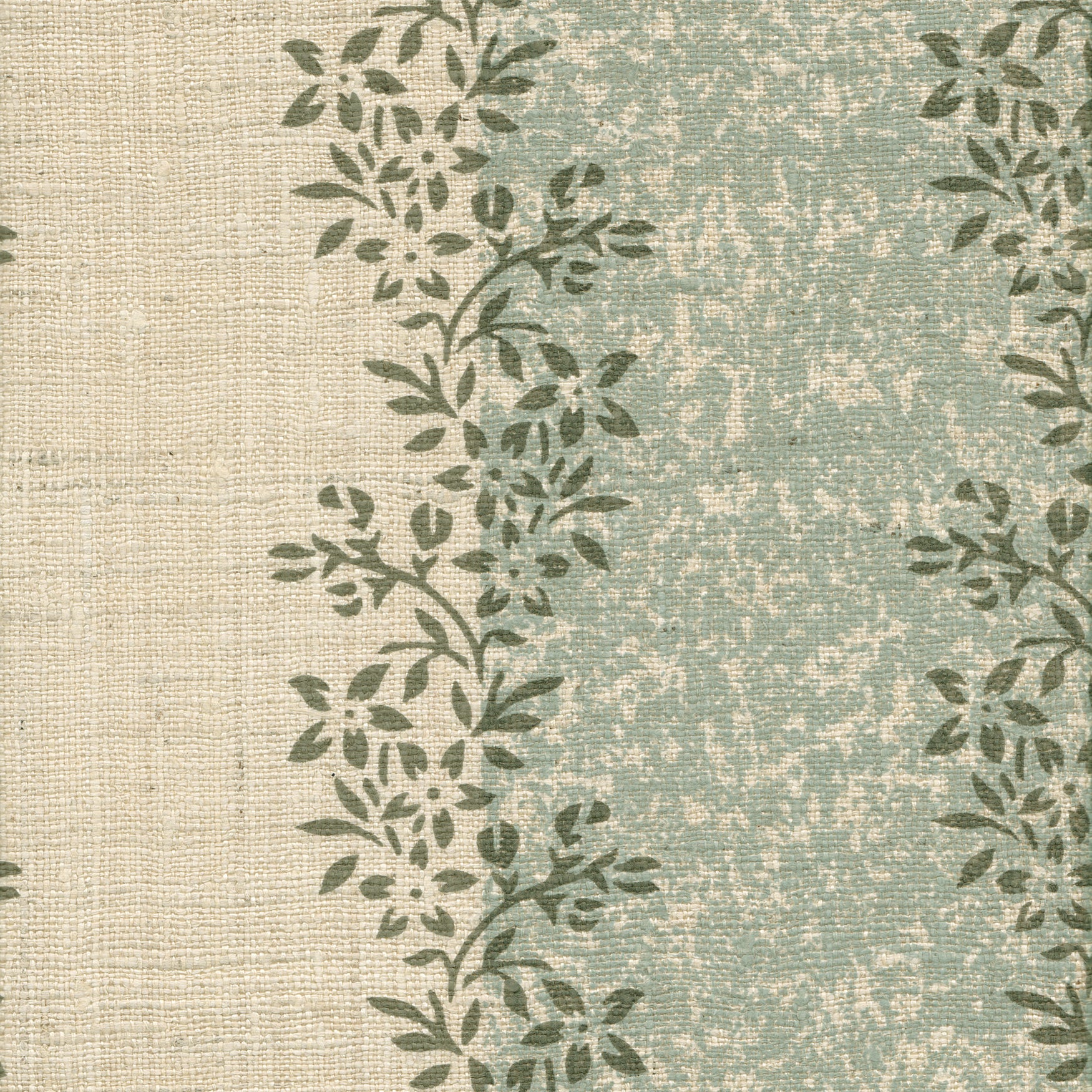 Detail of fabric in a botanical stripe print in shades of blue and dark green on a cream field.