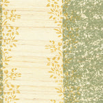 Detail of fabric in a botanical stripe print in shades of green and yellow on a cream field.