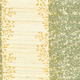 Detail of fabric in a botanical stripe print in shades of green and yellow on a cream field.