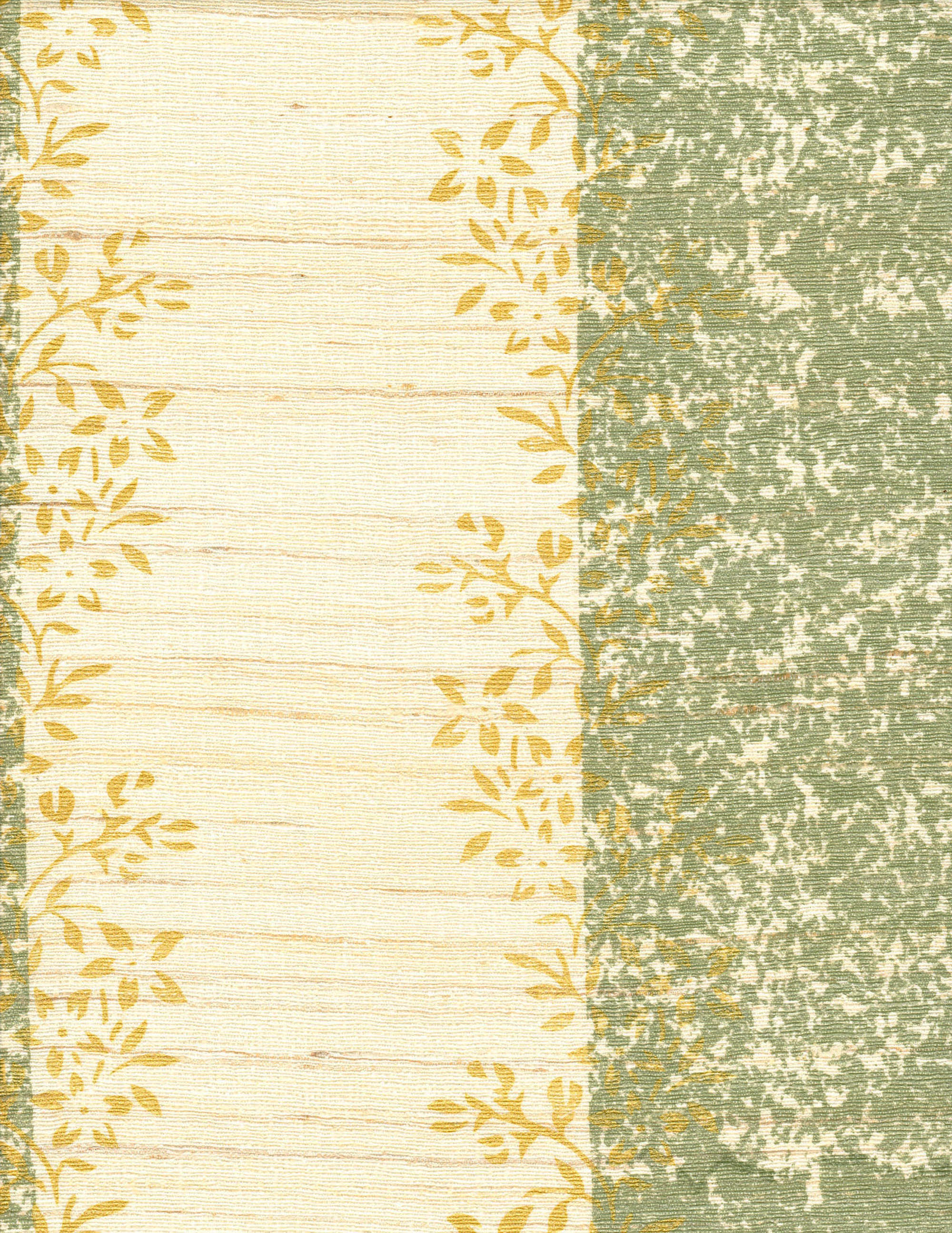 Detail of fabric in a botanical stripe print in shades of green and yellow on a cream field.