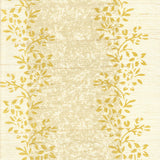 Detail of fabric in a botanical stripe print in shades of tan and yellow on a cream field.