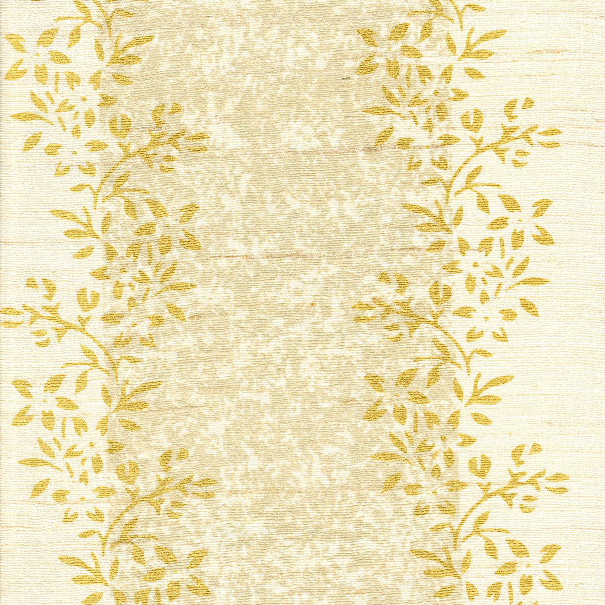 Detail of fabric in a botanical stripe print in shades of tan and yellow on a cream field.