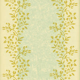 Detail of wallpaper in a botanical stripe print in shades of blue and yellow on a light yellow field.