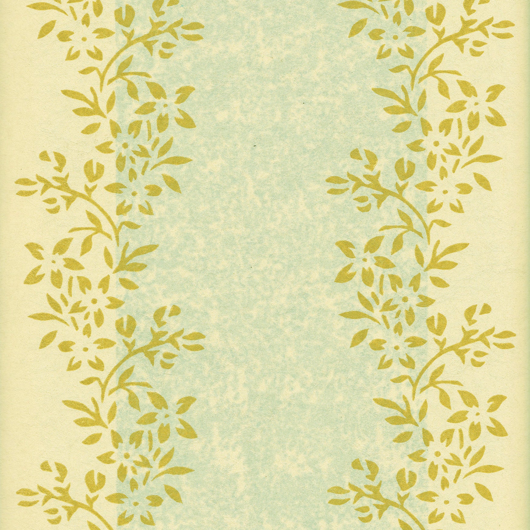 Detail of wallpaper in a botanical stripe print in shades of blue and yellow on a light yellow field.