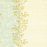 Detail of fabric in a botanical stripe print in shades of blue and yellow on a cream field.