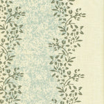 Detail of fabric in a botanical stripe print in shades of blue and dark green on a cream field.