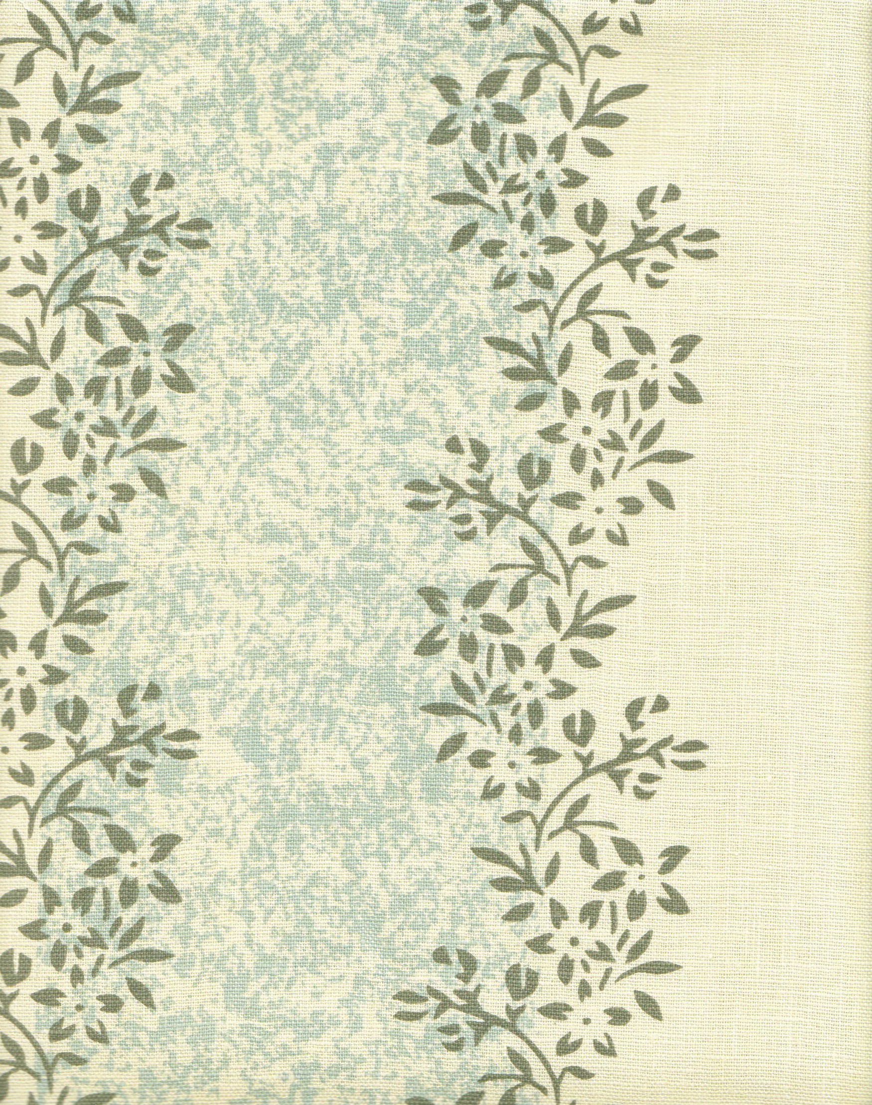 Detail of fabric in a botanical stripe print in shades of blue and dark green on a cream field.