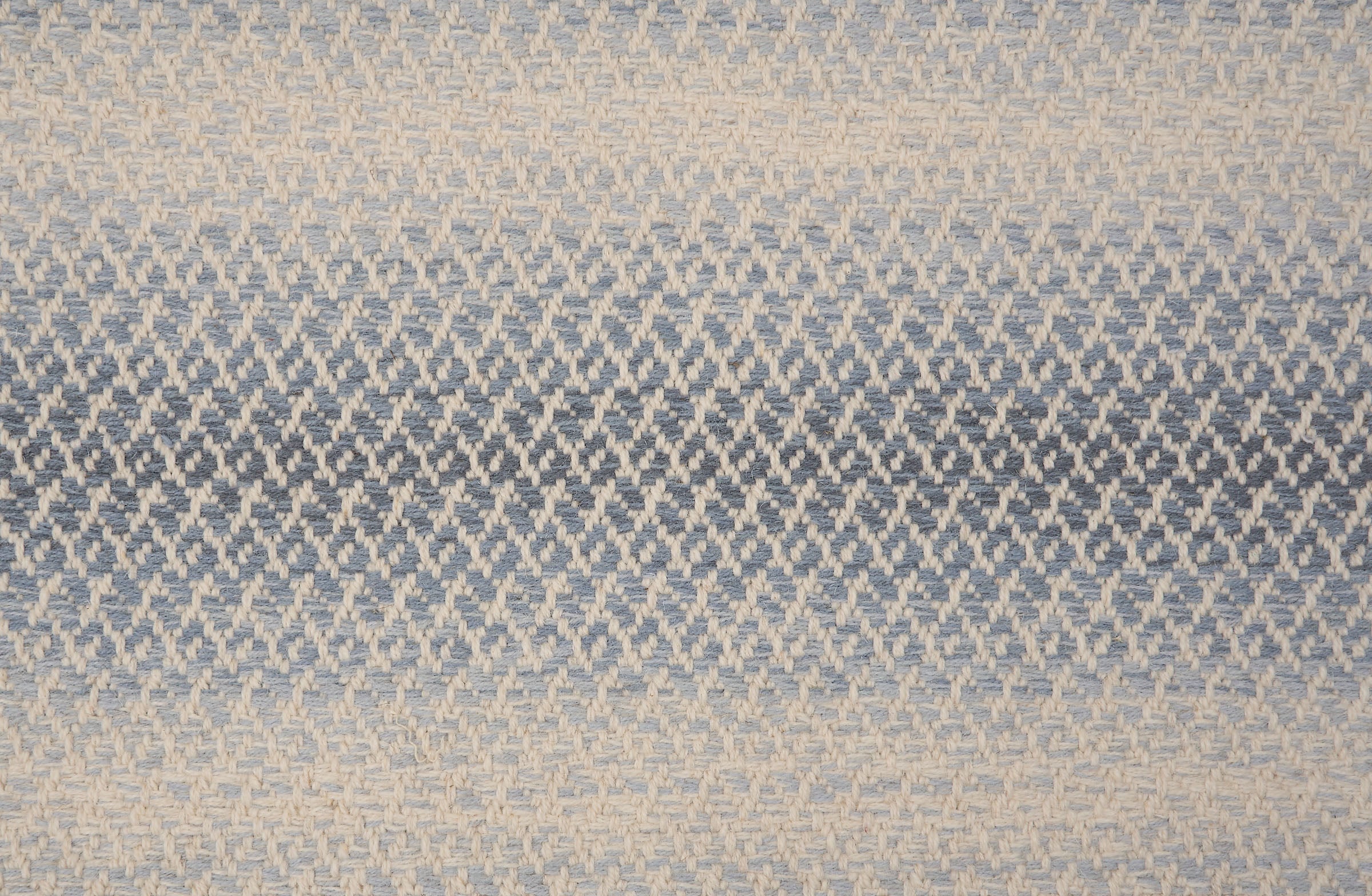 Textural broadloom with an ombré stripe in blue and cream. 