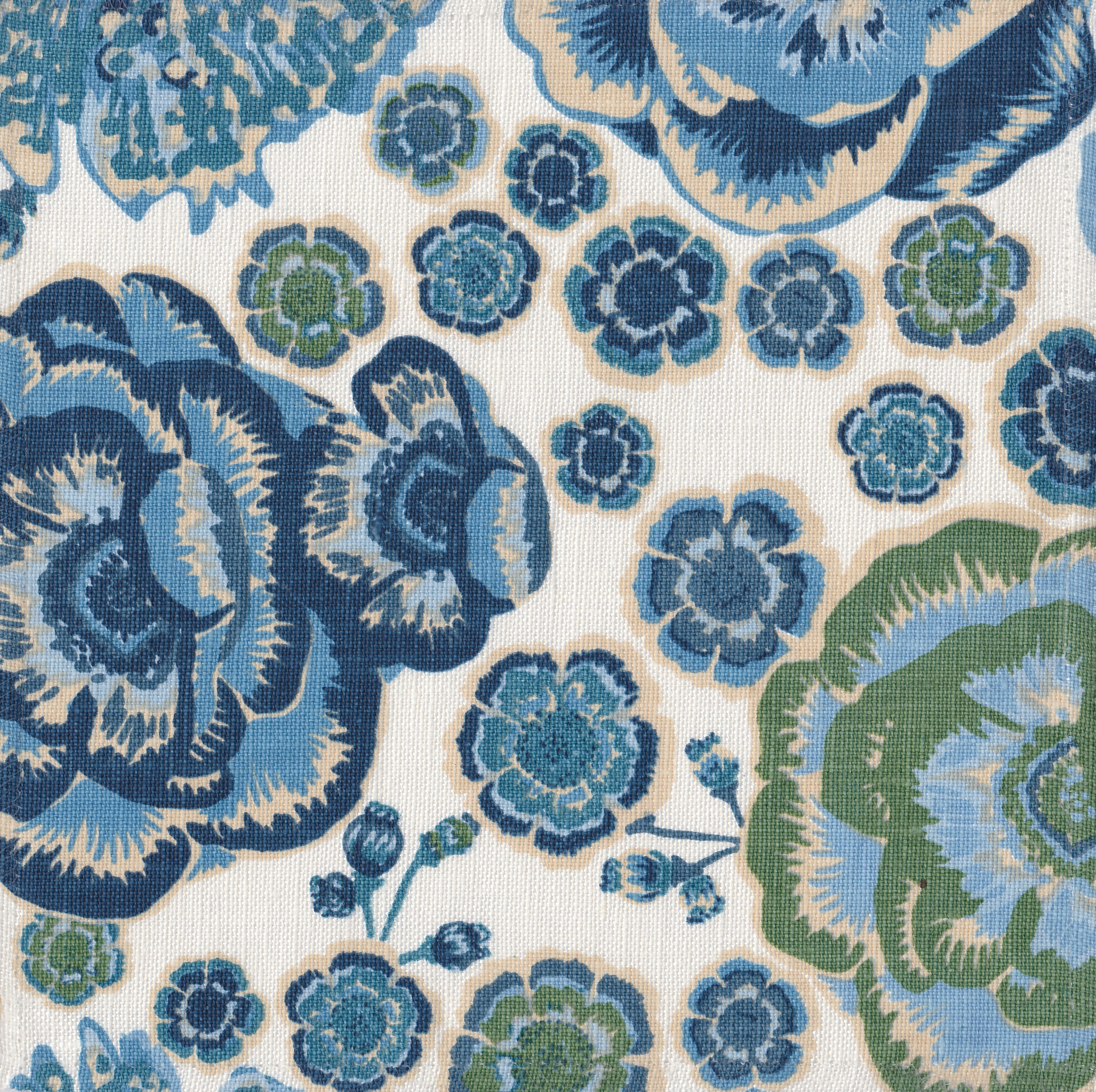 Detail of fabric in a floral print in shades of blue, green and tan on a white field.