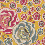 Detail of fabric in a floral print in shades of pink, blue and white on a yellow field.