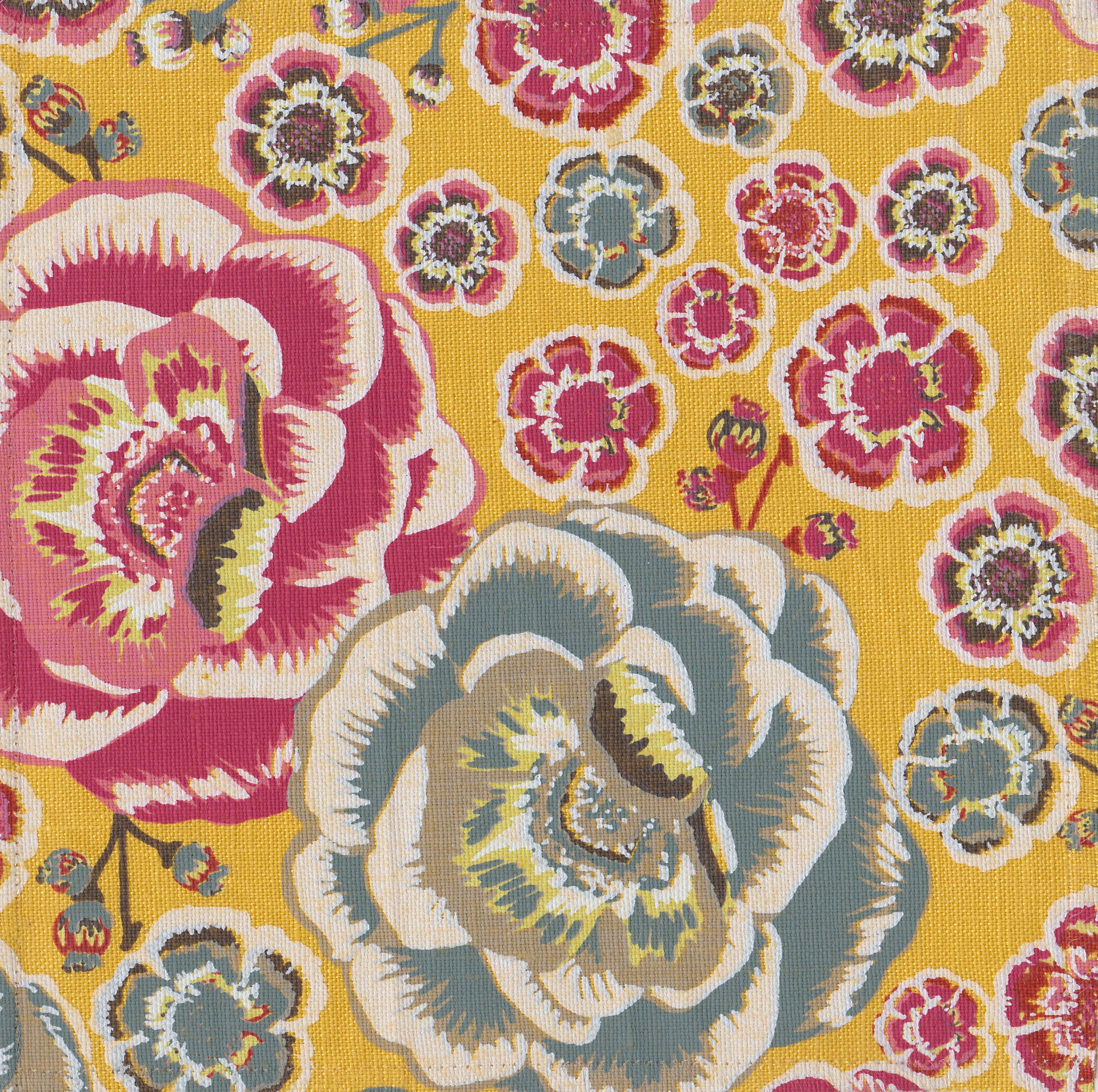 Detail of fabric in a floral print in shades of pink, blue and white on a yellow field.