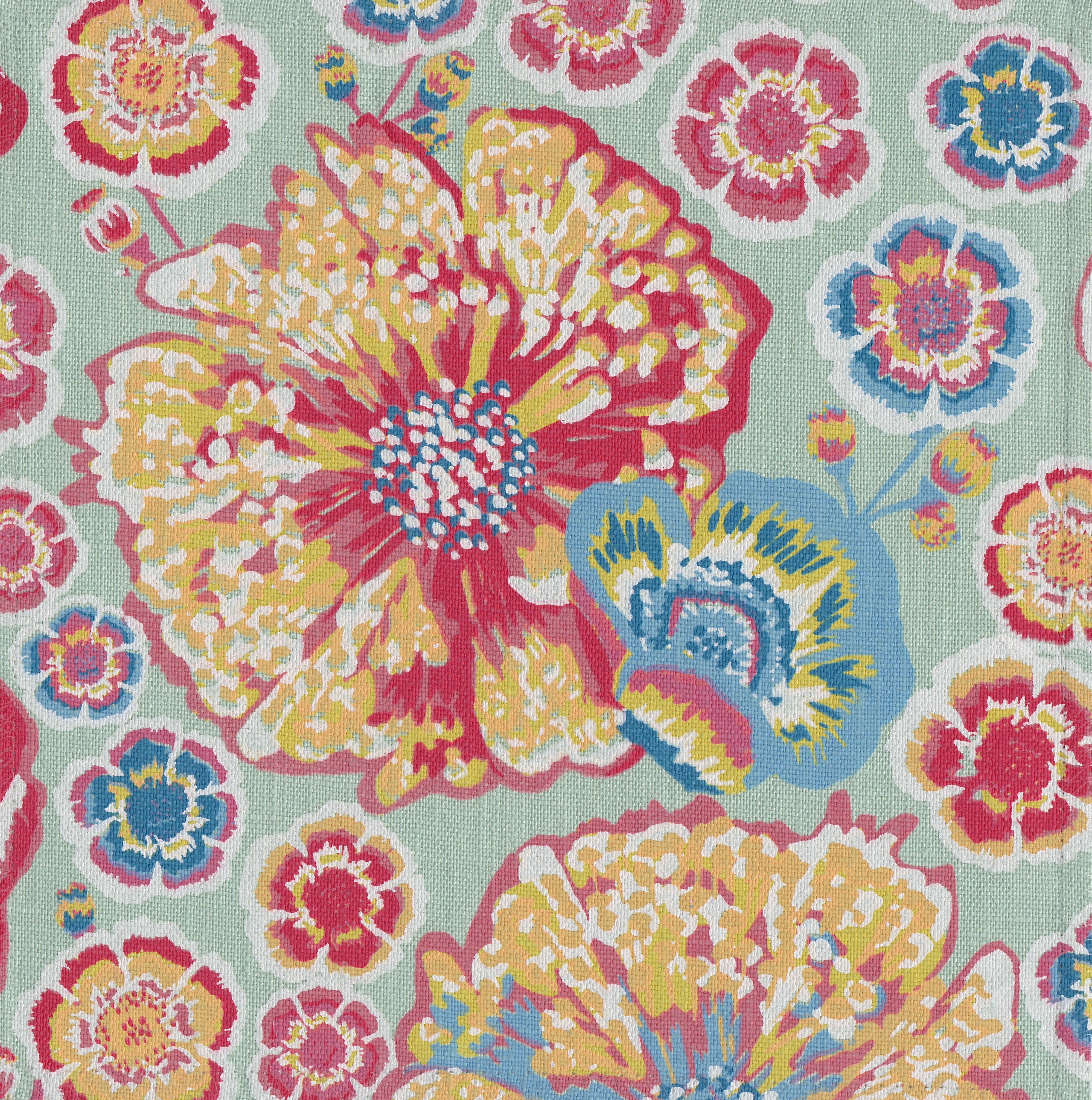 Detail of fabric in a floral print in shades of red, yellow, white and blue on a turquoise field.