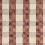 Detail of a hand-woven cotton fabric in soft cream in a plaid windowpane patter in cream, maroon, tan and orange.