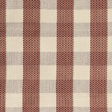 Detail of a hand-woven cotton fabric in soft cream in a plaid windowpane patter in cream, maroon, tan and orange.