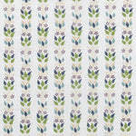 Detail of fabric in a striped botanical print in shades of blue, purple and green on a white field.