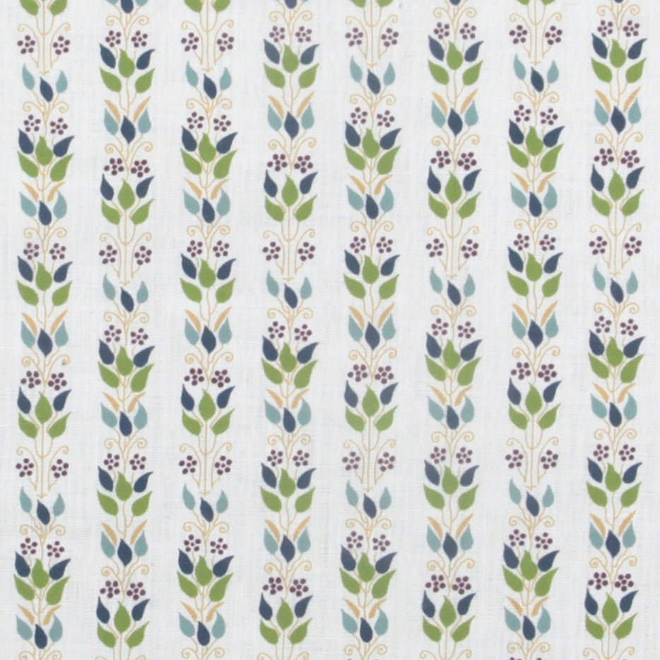 Detail of fabric in a striped botanical print in shades of blue, purple and green on a white field.