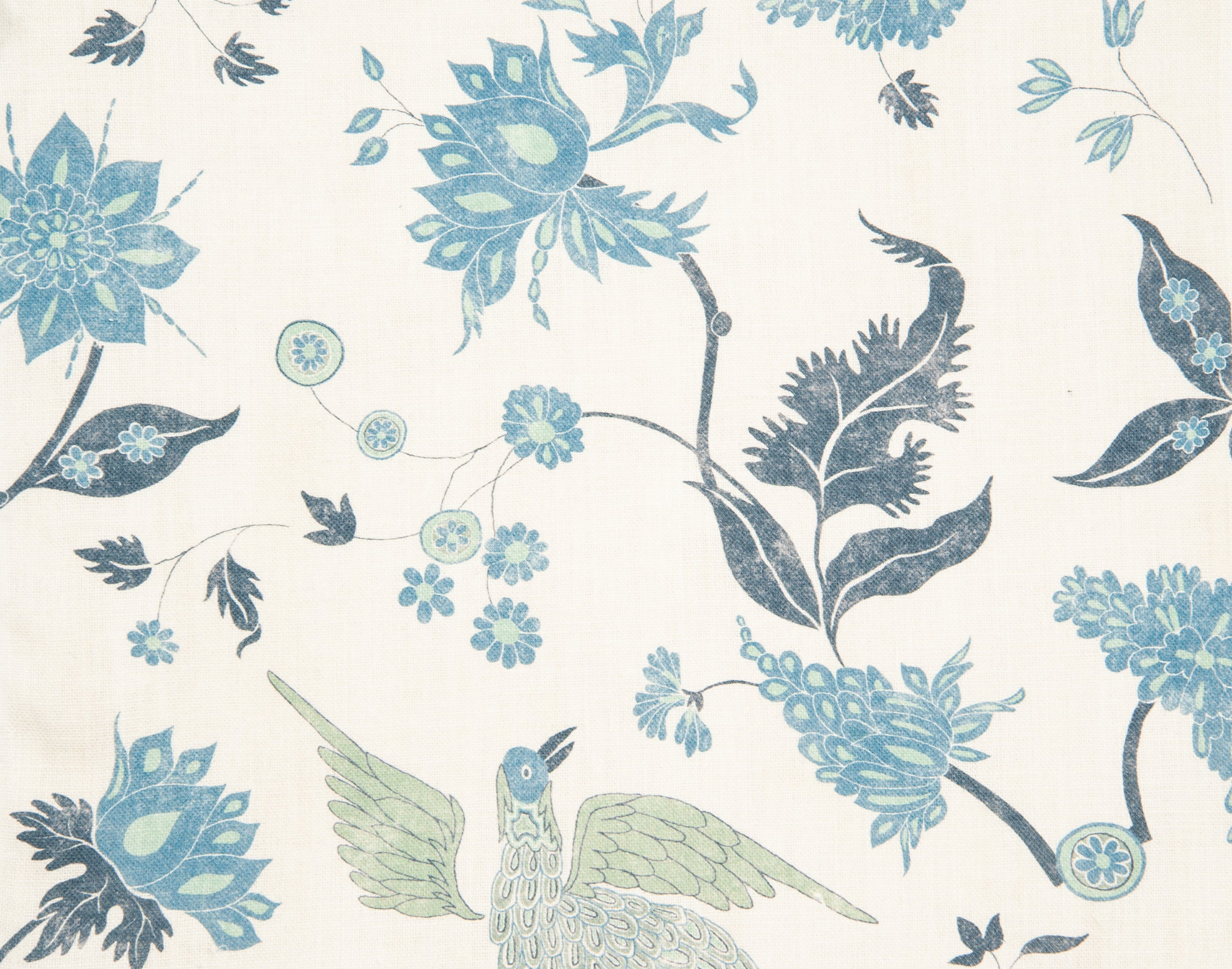 Detail of fabric in a bird and botanical print in shades of blue and green on a cream field.