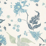 Detail of wallpaper in a bird and botanical print in shades of blue and green on a cream field.