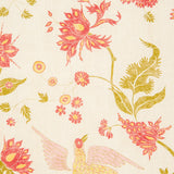 Detail of wallpaper in a bird and botanical print in shades of red and yellow on a cream field.