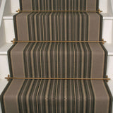 Striped flatweave runner in dark grey and light grey on white staircase