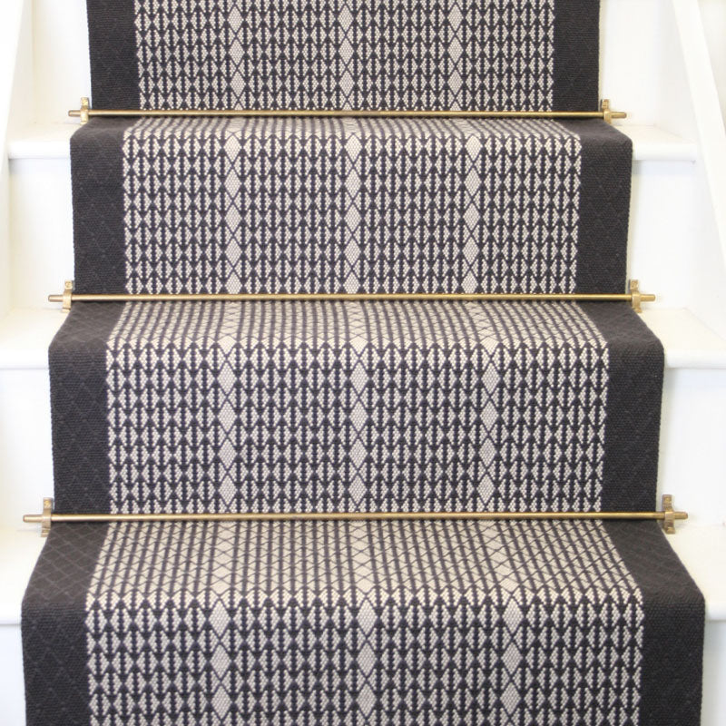 Striped with diamond flatweave runner in black and white on white staircase