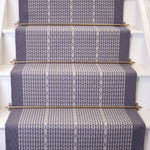 Striped with diamond flatweave runner in purple on white staircase