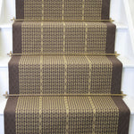 Striped with diamond flatweave runner in mustard and brown on white staircase