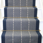 Striped with diamond flatweave runner in blue on white staircase